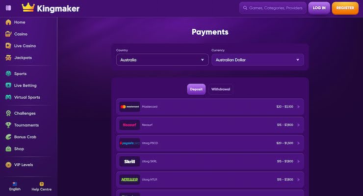 kingmaker payments screenshot